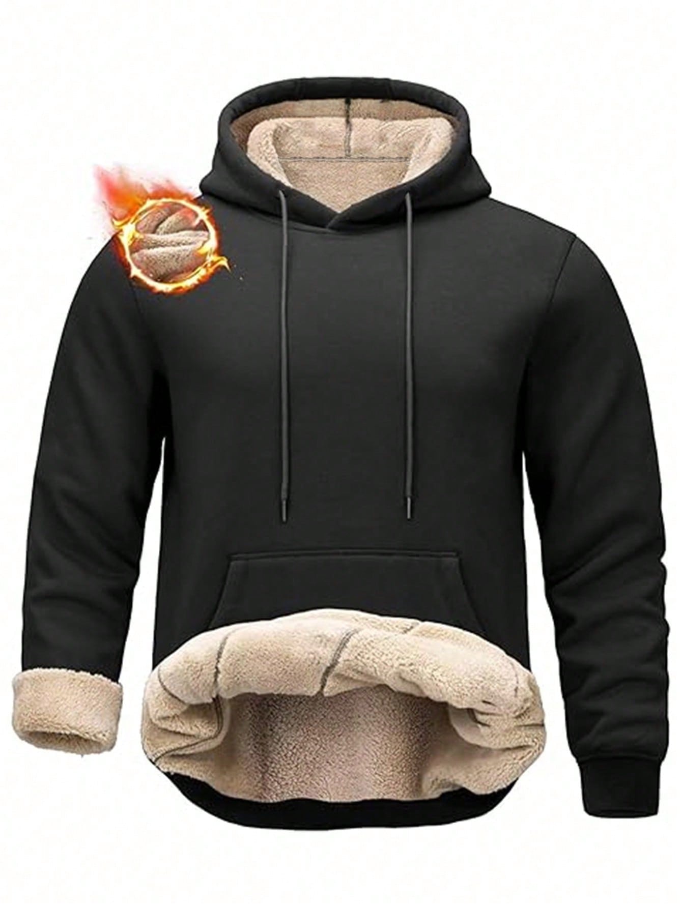Sherpa Hoodie Fleece - Men's Black Sherpa-Lined Hoodie with Kangaroo