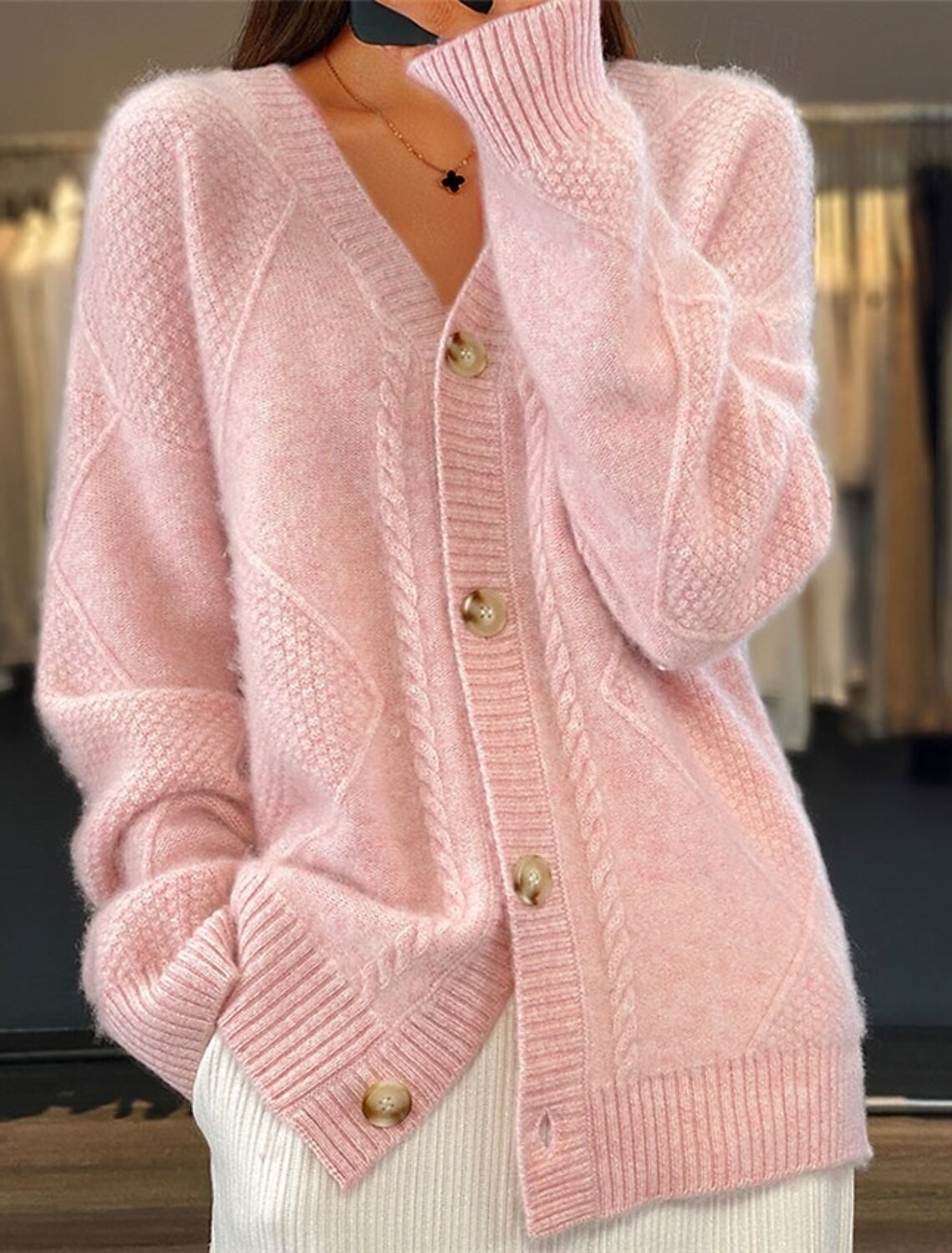 Down Jacket Packable - Women V Neck Cable Knit Cardigan