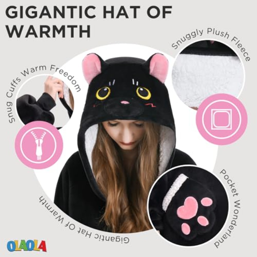 OLAOLA Black Cat Wearable Blan - Sherpa Hoodie Fleece ulasan dan harga