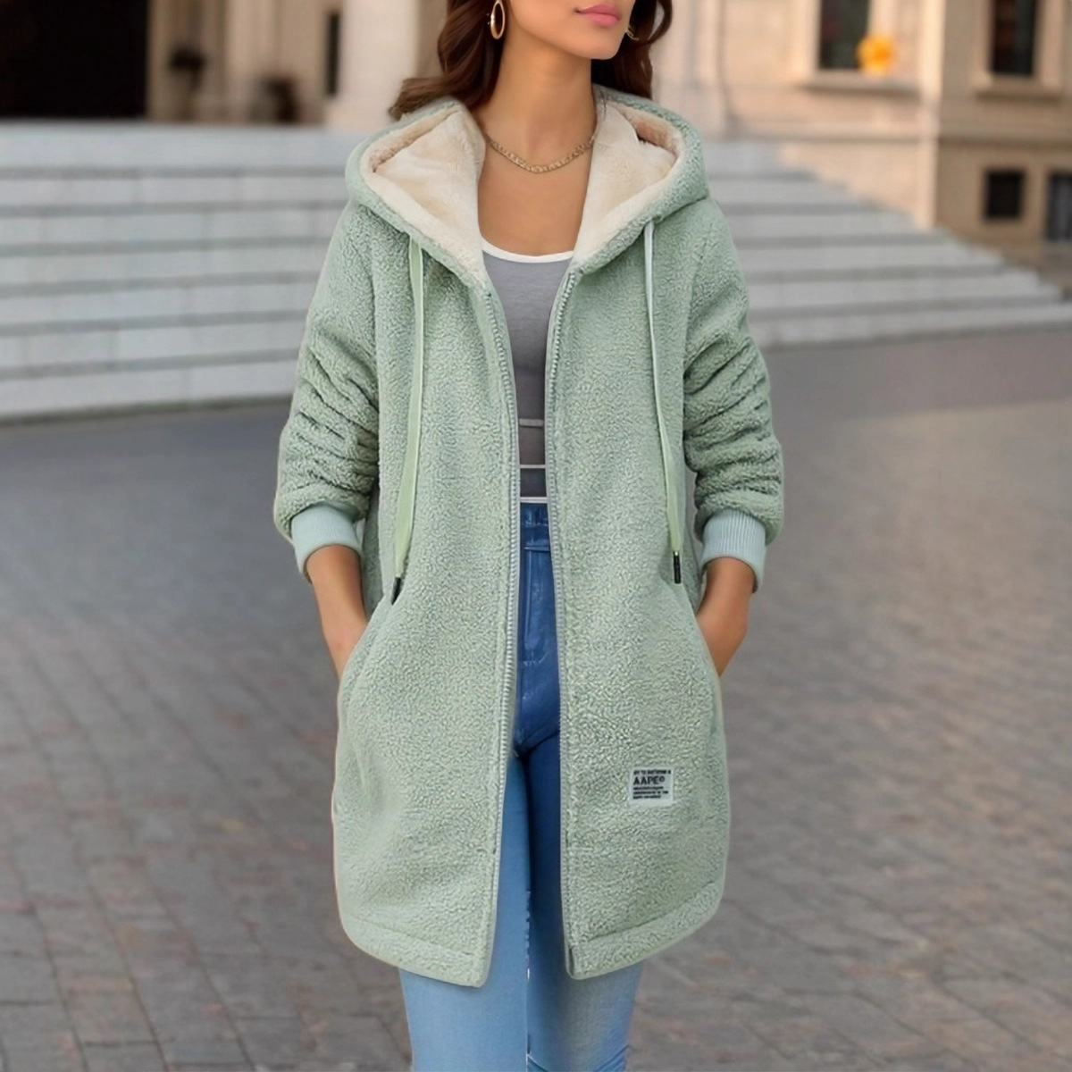 Thick Fleece Mid Length Jacket - Sherpa Hoodie Fleece ulasan dan harga