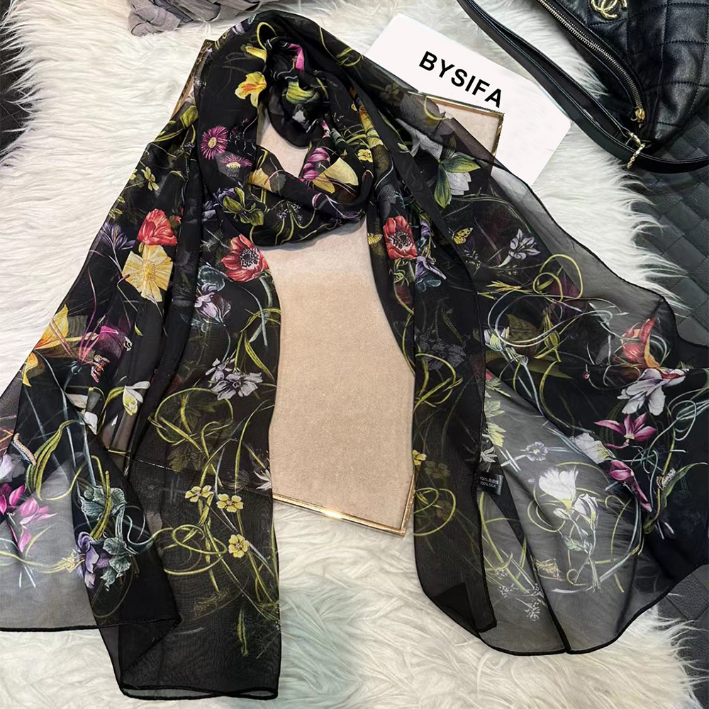 BYSIFA|New Black Pure Silk Wom - Shawl Wrap Winter ulasan dan harga